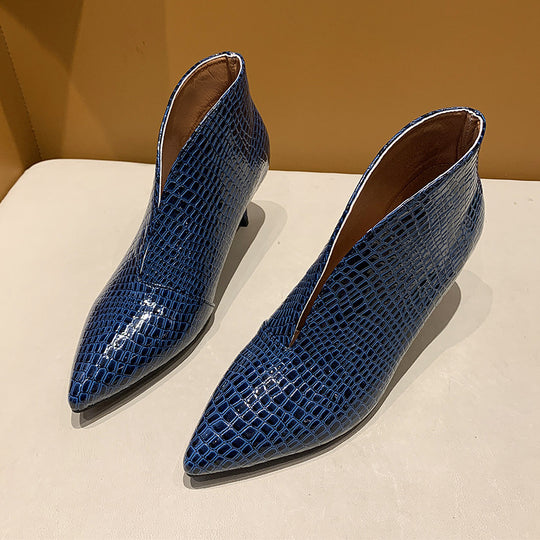 Damen nan spitze Stiefelette mit Krokoprägung und niedrigem Kittenabsatz R&B