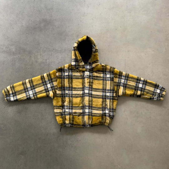 Unisex nan gefütterte Plaid-Fleece-Bomberjacke mit Kapuze Kordelzug und Reißverschlusstaschen R&B