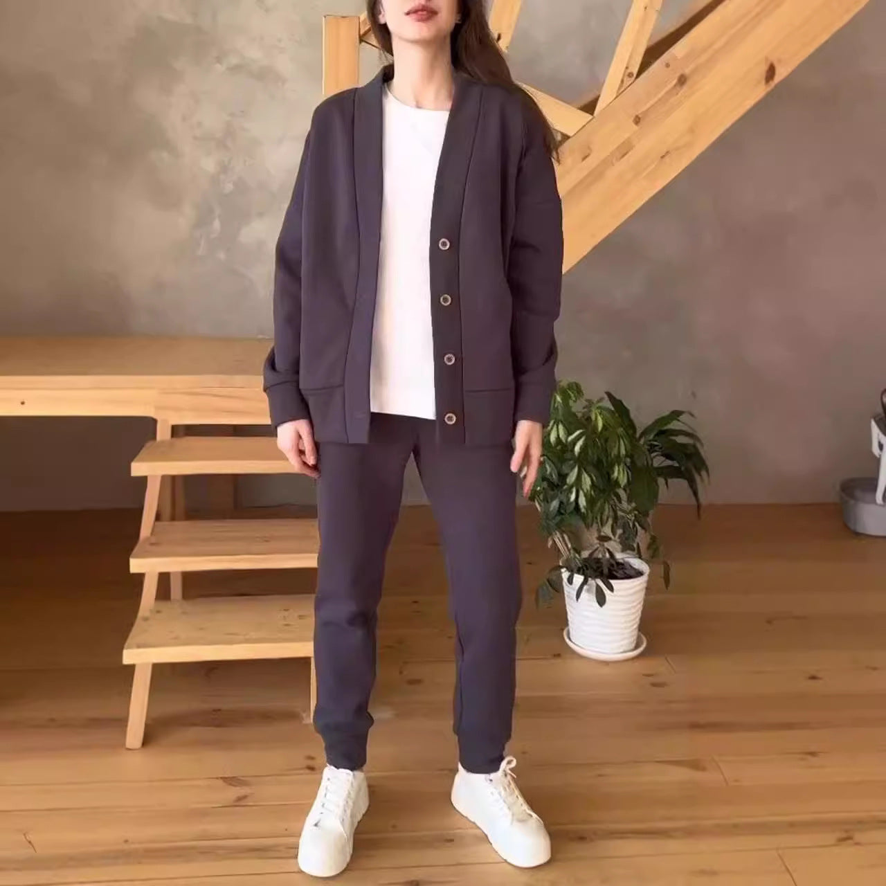 Damen lässige Oversized Sweatjacke mit Knöpfen R&B