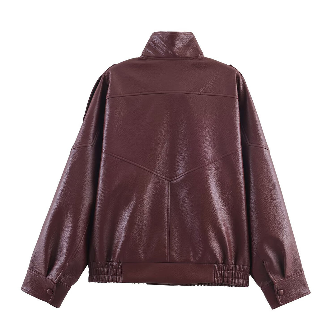 Damen Kunstlederjacke im modernen Design mit hochgeschlossenem Kragen und praktischen Taschen R&B