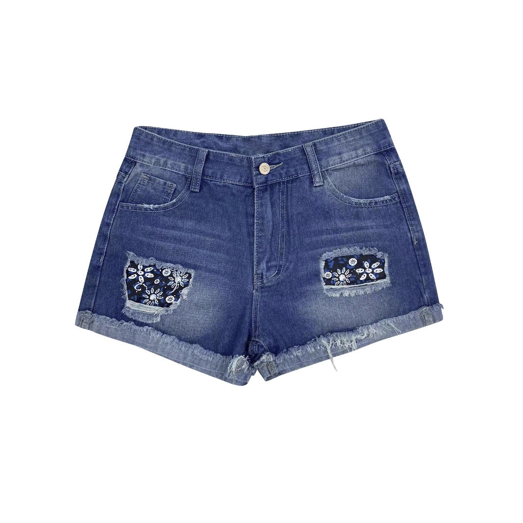 Damen Modische Destroyed Denim-Shorts mit floralem Design R&B
