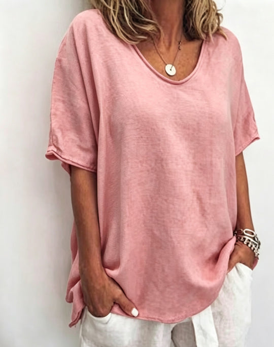 Damen nan weit geschnittenes Leinenmix-Relaxshirt mit Rundhalsausschnitt, überschnittenen Ärmeln und seitlichen Schlitzen R&B