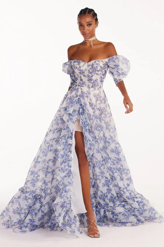 Damen Festliches Maxikleid mit schulterfreiem Design und floralen Rüschendetails R&B