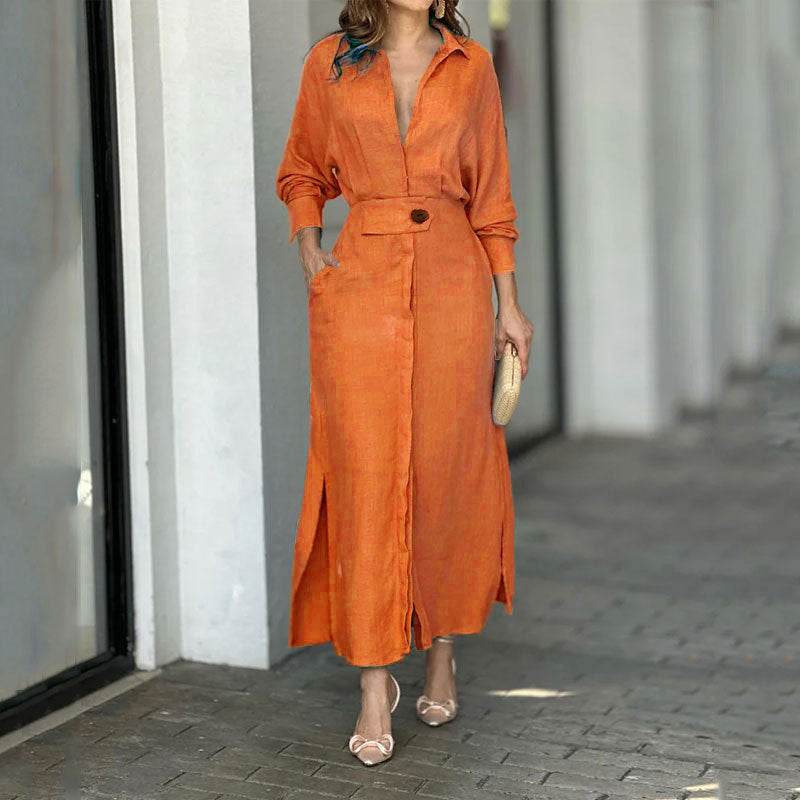 Damen Maxikleid aus leichtem Leinen mit eleganter Knopfleiste und praktischen Seitenschlitzen R&B