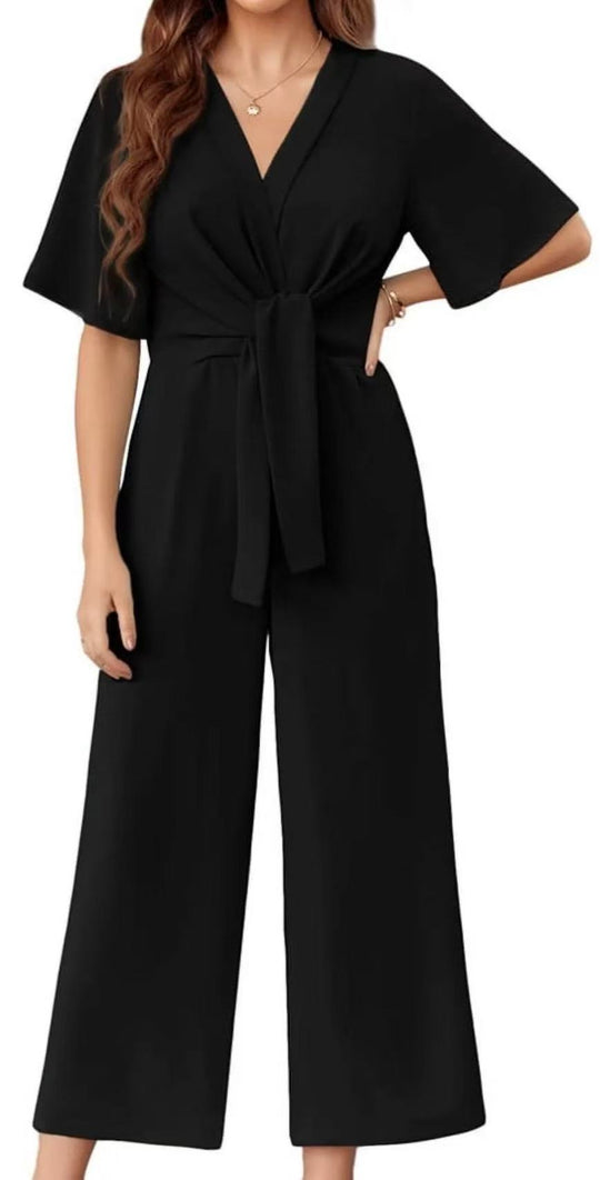 Damen eleganter Wickel-Jumpsuit mit weiten Beinen und Taillengürtel R&B