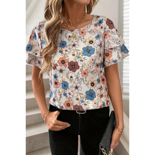 Damen Kurzarm-Bluse mit Volant und floralem Muster R&B