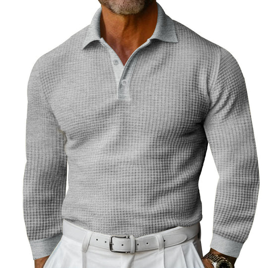 Herren nan figurbetontes Langarm-Poloshirt aus feiner Waffelmasche mit schmalem Milano-Kragen und elastischem Saum R&B