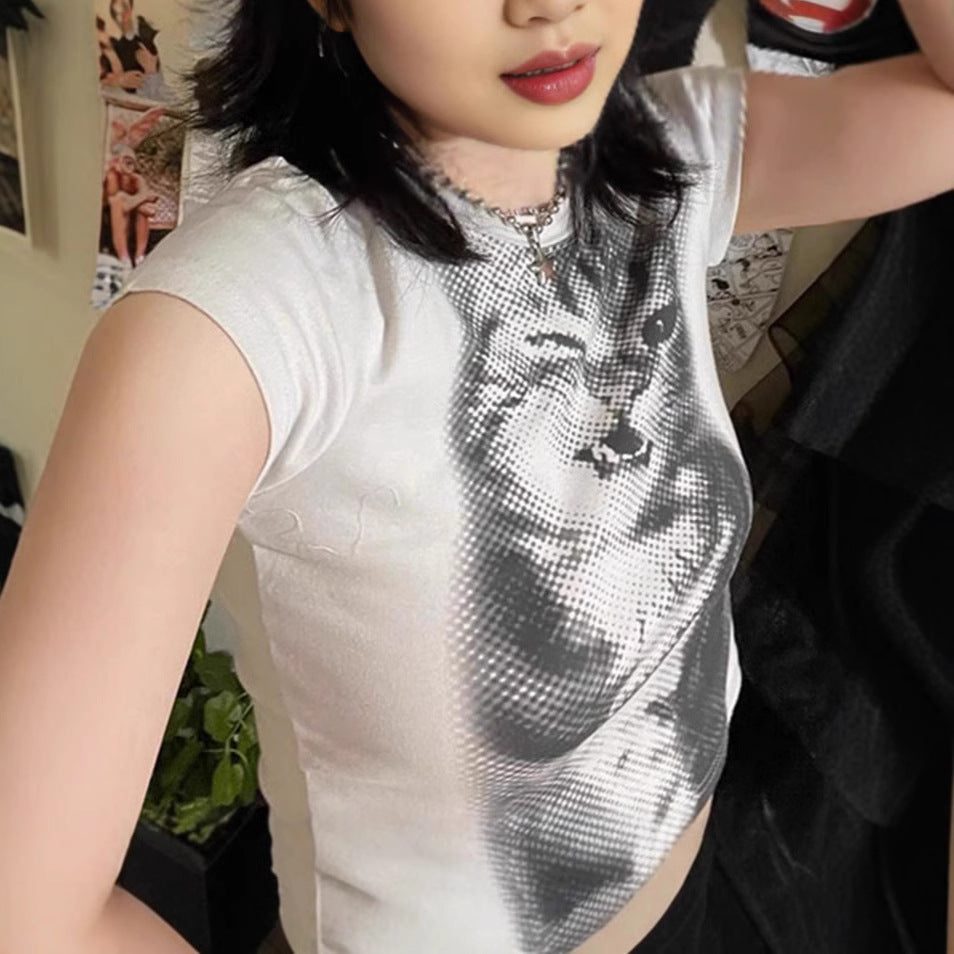 Damen Crop-T-Shirt mit kreativem Katzenmotiv R&B