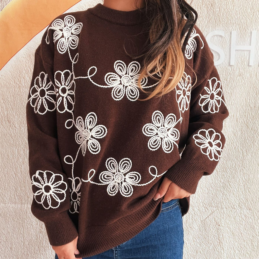 Damen kuscheliger Strickpullover mit floralen Applikationen und Rundhalsausschnitt R&B