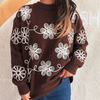 Damen kuscheliger Strickpullover mit floralen Applikationen und Rundhalsausschnitt R&B