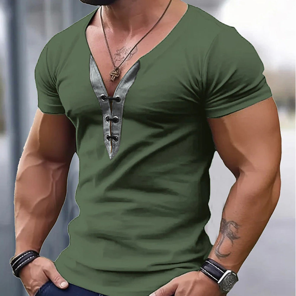 Herren trendiges V-Ausschnitt T-Shirt mit Knopfleiste R&B