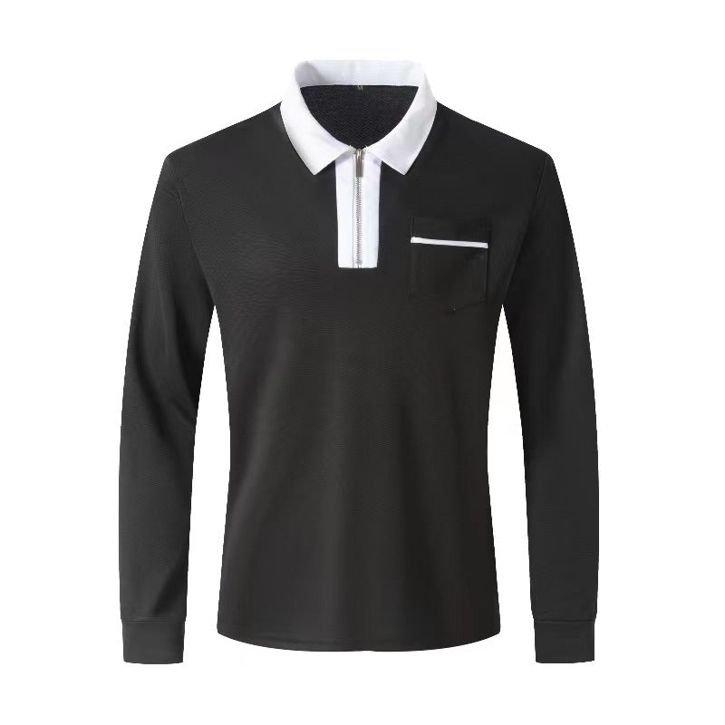 Herren nan elegantes Langarm-Poloshirt mit markantem Stehkragen Metall-Kurzreißverschluss und Brustleistentasche R&B