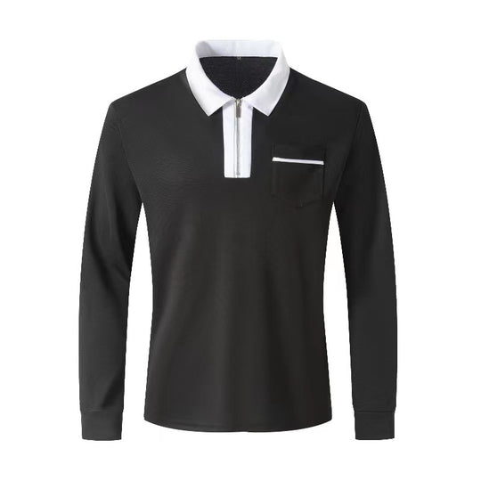 Herren nan elegantes Langarm-Poloshirt mit markantem Stehkragen Metall-Kurzreißverschluss und Brustleistentasche R&B