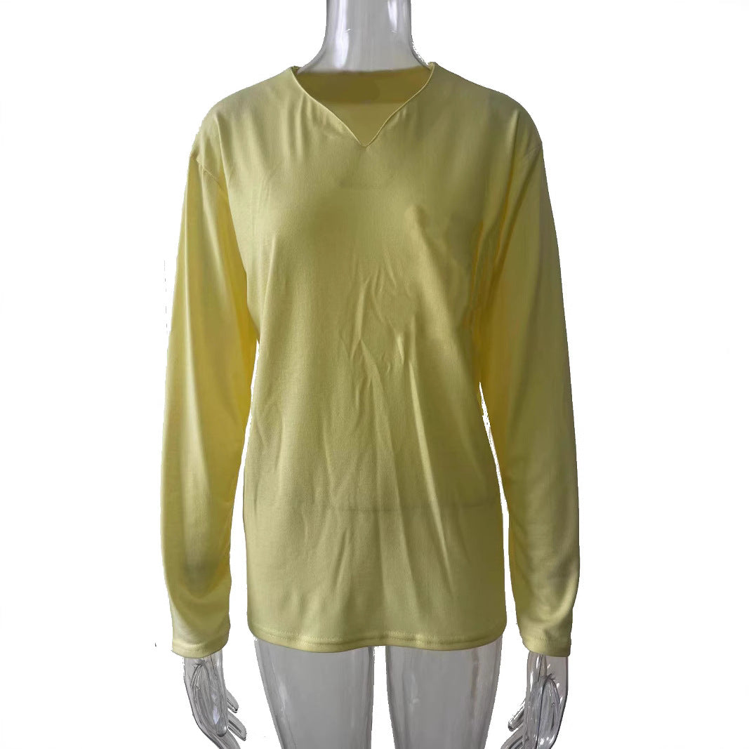 Damen nan legeres Langarmshirt mit V-Notch-Ausschnitt, Brusttasche und lockerer Oversize-Passform R&B