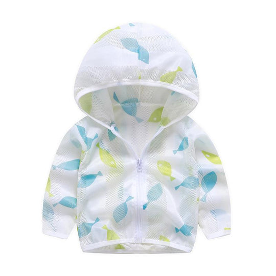 Unisex nan atmungsaktive Netz Kapuzen-Sonnenjacke für Säuglinge mit Reißverschluss und verspieltem Elefantenmotiv R&B