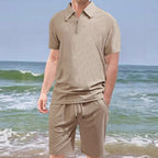 Herren nan komfortables Kurzarm-Halbzip-Set mit Polokragen und elastischer Kordelhose aus Strukturstrick R&B
