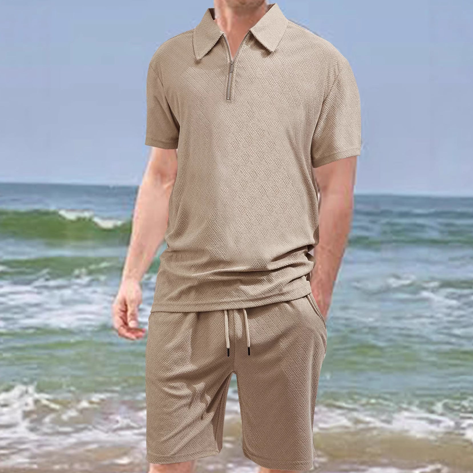 Herren nan komfortables Kurzarm-Halbzip-Set mit Polokragen und elastischer Kordelhose aus Strukturstrick R&B