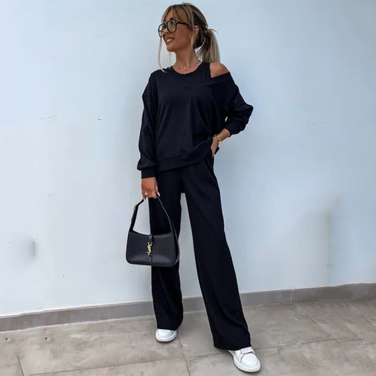 Damen lässiges Rippstrick-Set mit asymmetrischen Ausschnitten R&B