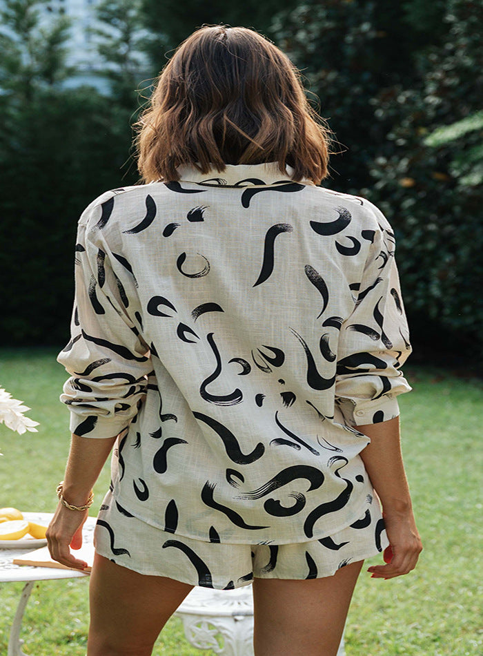 Damen luftiges Pyjama-Set mit kreativem Muster und elastischem Bund R&B