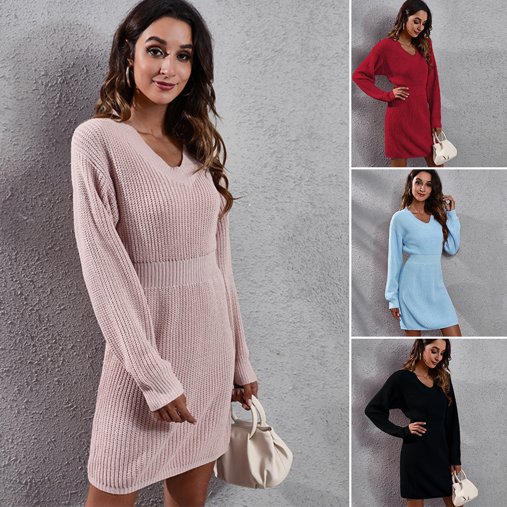 Damen Strickkleid mit V-Ausschnitt und lässigem Schnitt R&B