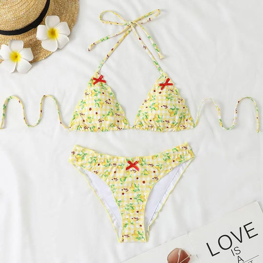 Damen Bikini-Set mit verspieltem Zitronenmuster und Rüschendetails R&B
