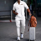 Herren nan lässiges Freizeitset aus elastischem Jersey mit V-Ausschnitt Brusttasche und Kordelbund R&B