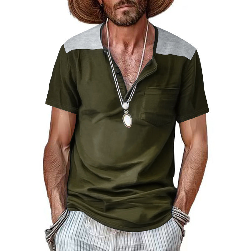 Herren nan Kurzarm-Henleyshirt aus weicher Baumwollmischung mit Brusttasche und Schulterblende R&B