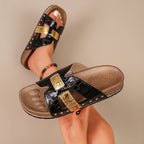 Damen modische Slide-Sandalen mit dekorativem Goldbesatz R&B