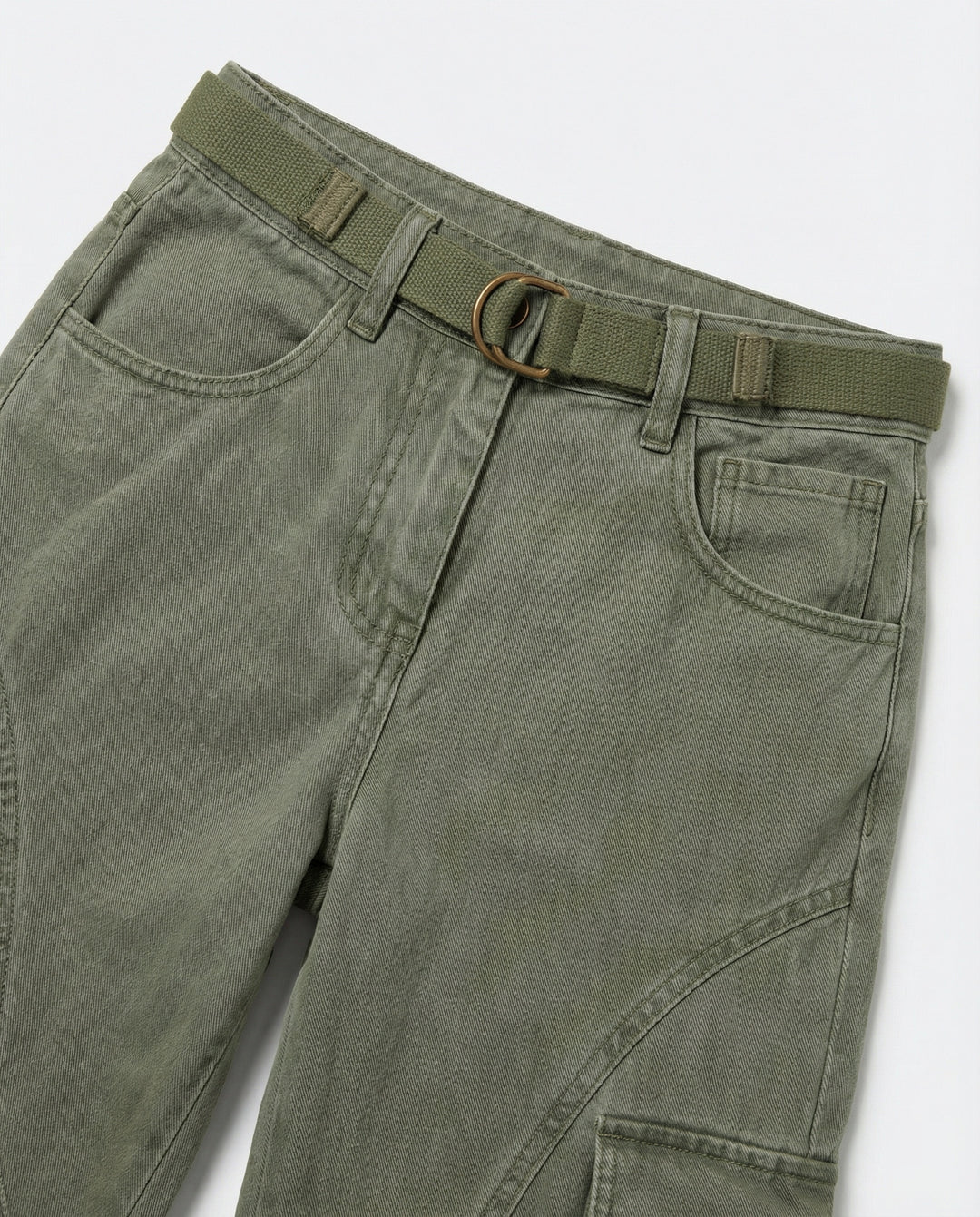 Damen hochgeschnittene Cargohose mit weitem Bein, verstärkten Kniepartien und integriertem Textilgürtel R&B