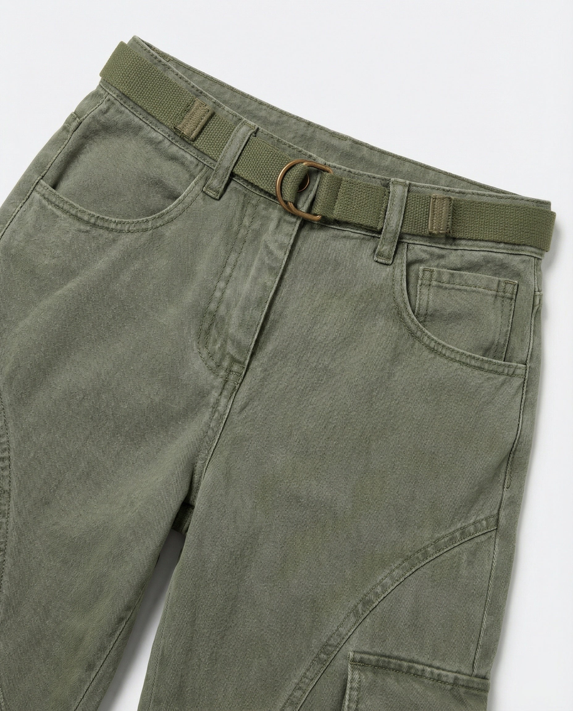 Damen hochgeschnittene Cargohose mit weitem Bein, verstärkten Kniepartien und integriertem Textilgürtel R&B