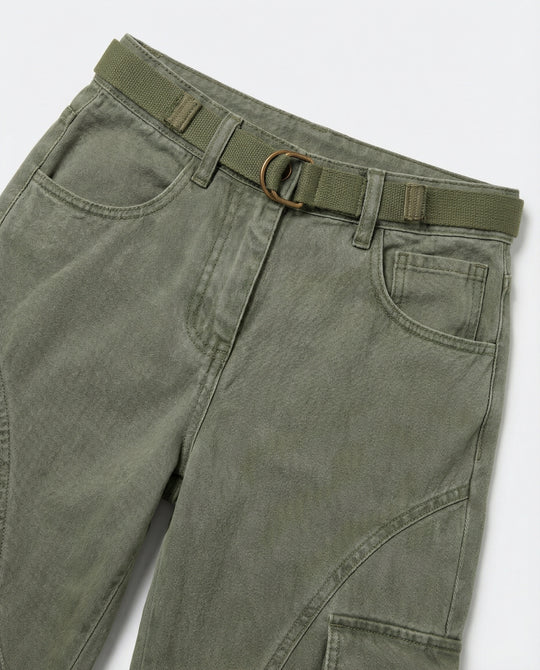 Damen hochgeschnittene Cargohose mit weitem Bein, verstärkten Kniepartien und integriertem Textilgürtel R&B