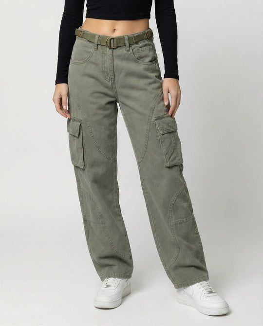 Damen hochgeschnittene Cargohose mit weitem Bein, verstärkten Kniepartien und integriertem Textilgürtel R&B