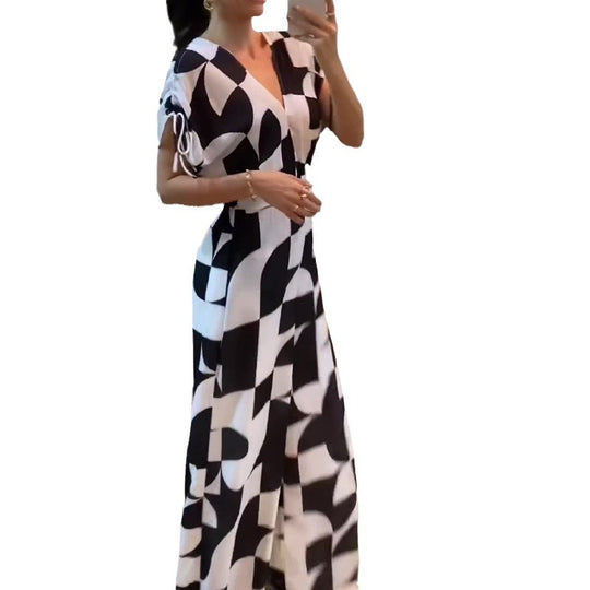 Damen Maxikleid mit grafischem Muster und eleganten Rüschendetails R&B