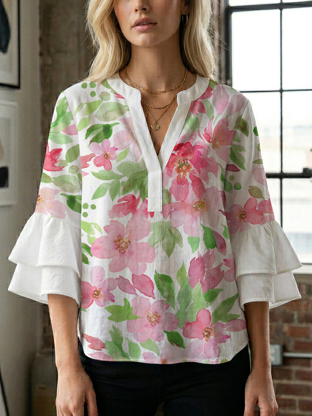 Damen Bluse mit voluminösen Rüschenärmeln und floralem Druck R&B