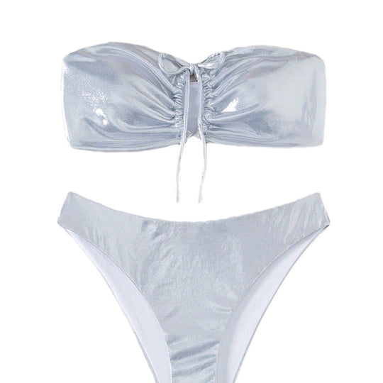 Damen Bandeau-Bikini mit glänzendem Oberteil und hohem Beinausschnitt R&B
