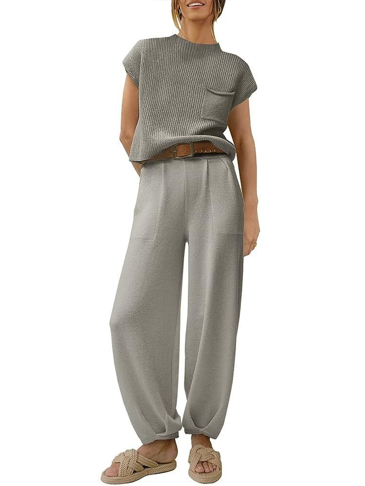 Damen lässiges Strick-Oberteil und weite Hose Set R&B