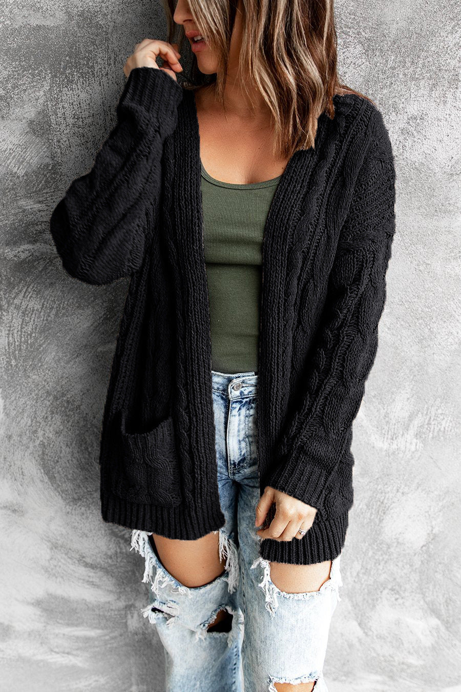 Damen Strickjacke mit voluminösen Ärmeln und tiefen Taschen R&B