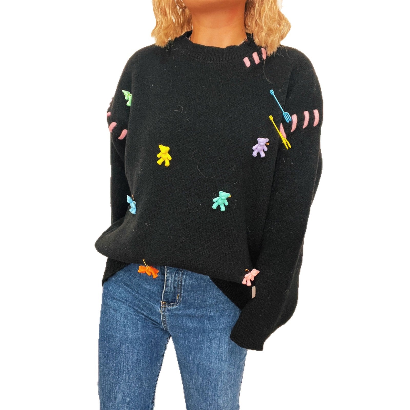 Damen Pullover mit verspieltem Bären-Motiv und dekorativen Applikationen R&B