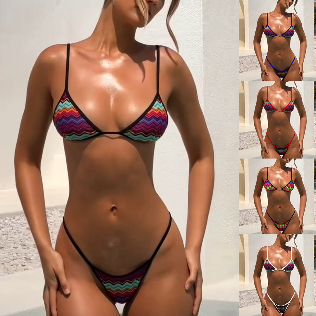 Damen Triangel-Bikini mit verstellbaren Bindebändern und frischem Streifenmuster R&B