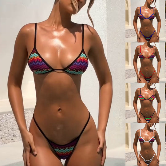 Damen Triangel-Bikini mit verstellbaren Bindebändern und frischem Streifenmuster R&B