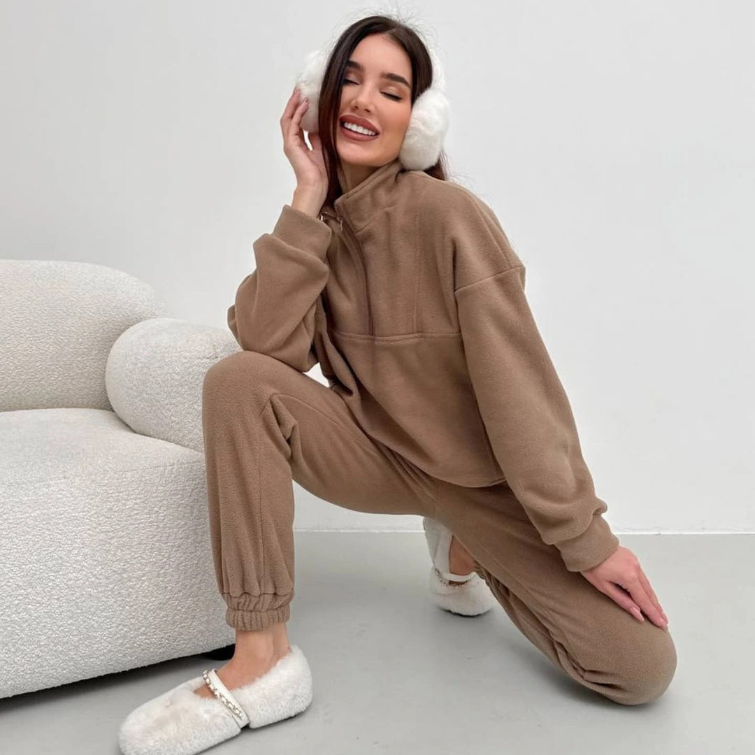 Damen gemütliches Fleece-Hoodie-Set mit hohem Kragen und praktischen Taschen R&B