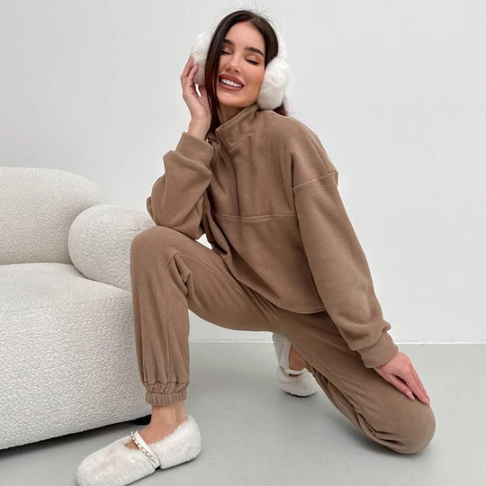 Damen gemütliches Fleece-Hoodie-Set mit hohem Kragen und praktischen Taschen R&B