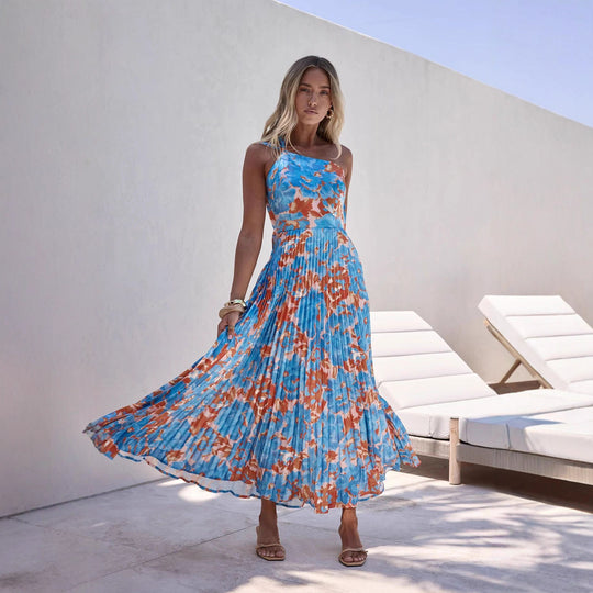 Damen Maxikleid mit schwingendem Faltenrock und femininem Floral-Design R&B