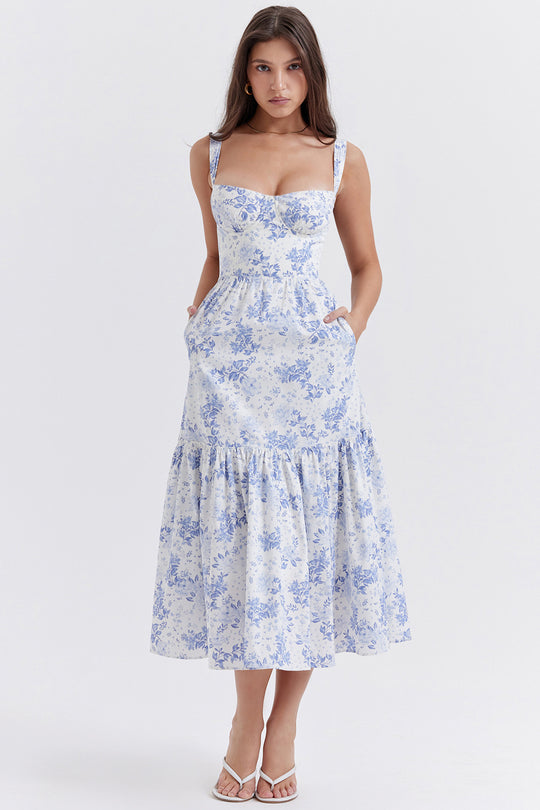 Damen Floral Maxikleid mit schulterfreiem Design und voluminösem Rock R&B