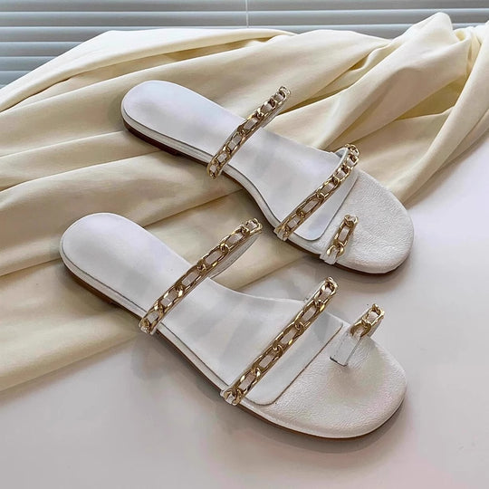 Damen elegante Pantoletten mit goldverziertem Kettendetail R&B