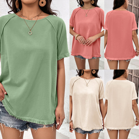 Damen lässiges T-Shirt mit fransigen Ärmeln und Rundhalsausschnitt R&B