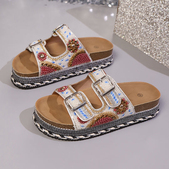 Damen Bequeme und modische Platform-Sandalen mit verstellbaren Riemen und bunten Applikationen R&B