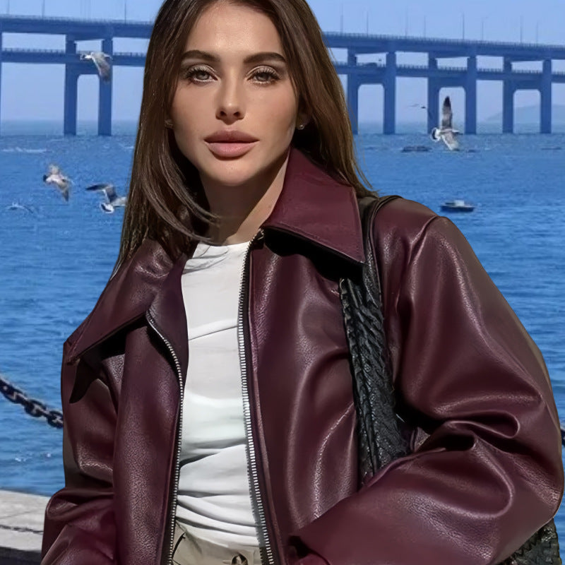 Damen Kunstlederjacke mit Stehkragen und voluminösen Ärmeln R&B