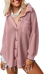 Damen lässige Waffle-Hemdenjacke mit Knopfverschluss R&B