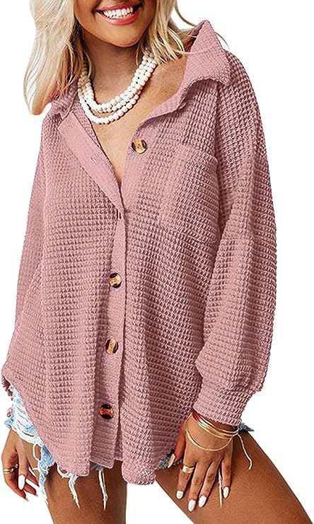 Damen lässige Waffle-Hemdenjacke mit Knopfverschluss R&B